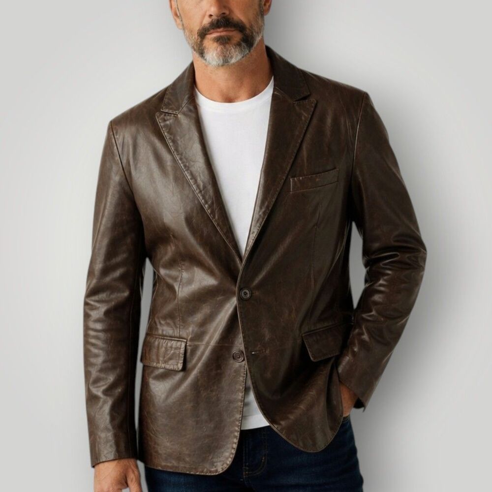 KUHLMAN Mens Leather Blazer 44 LARGE Sport Coat Two Button Jacket Brown